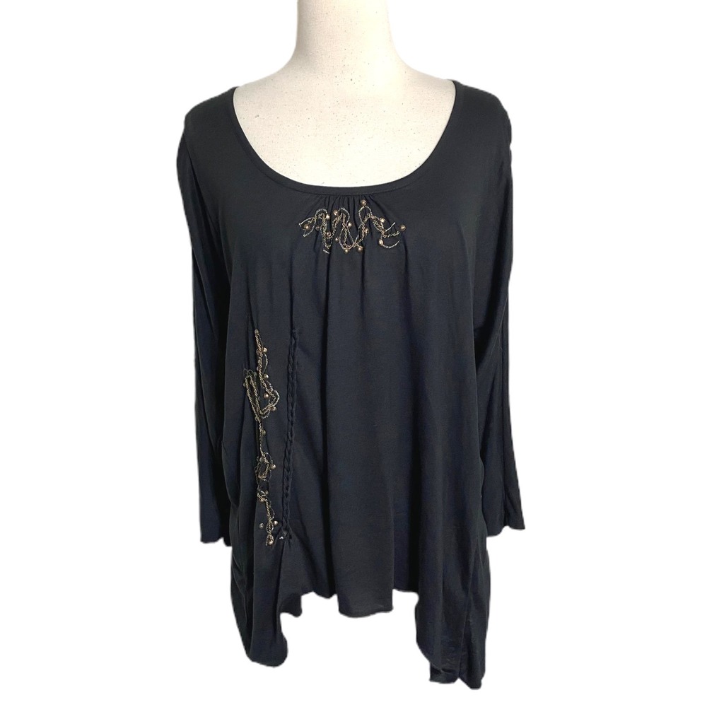 Nine West Black Long Sleeve Embellished Tunic Top Women's Size L Whimsigoth